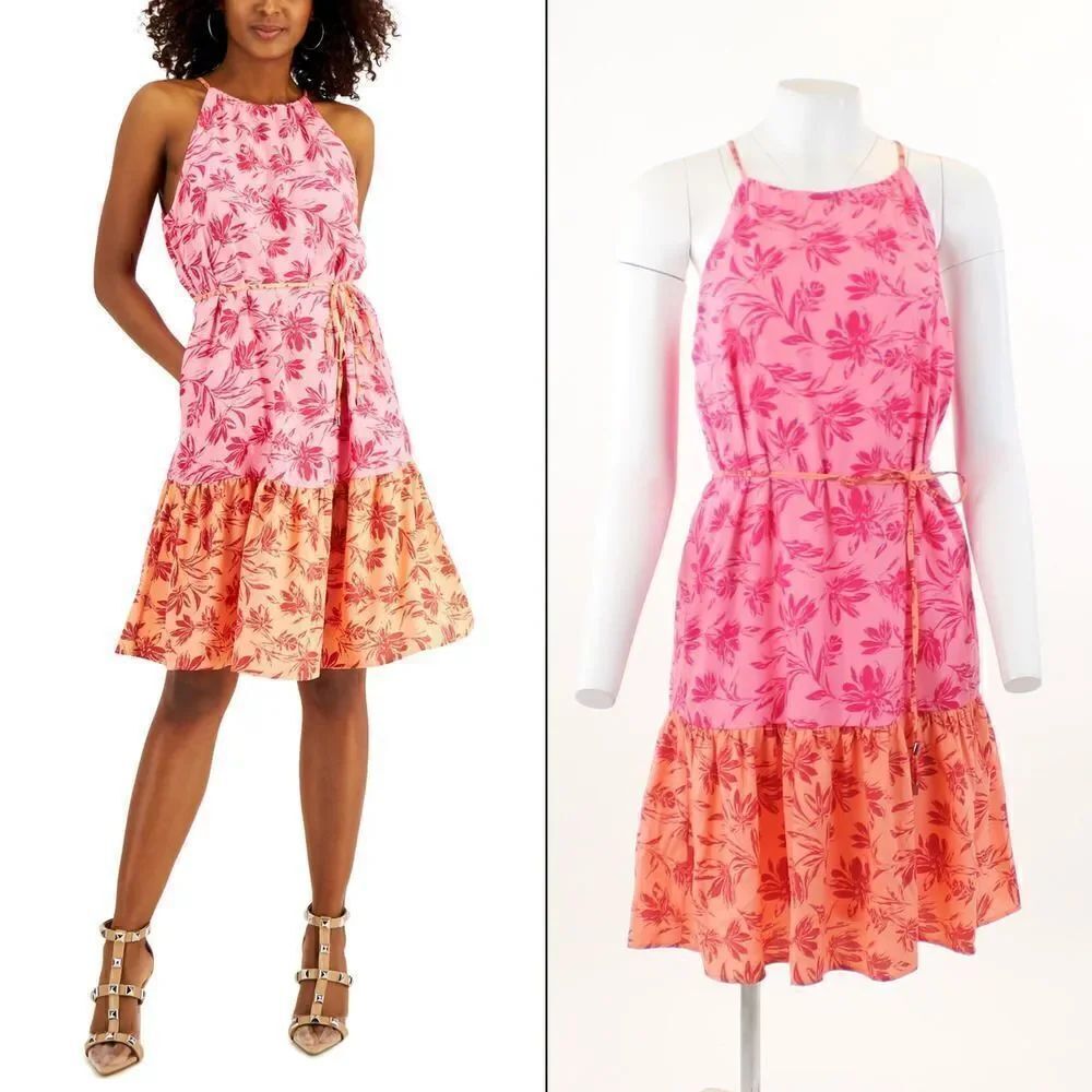 INC International Concepts Womens Printed Belted A-Line Soft Rose Combo